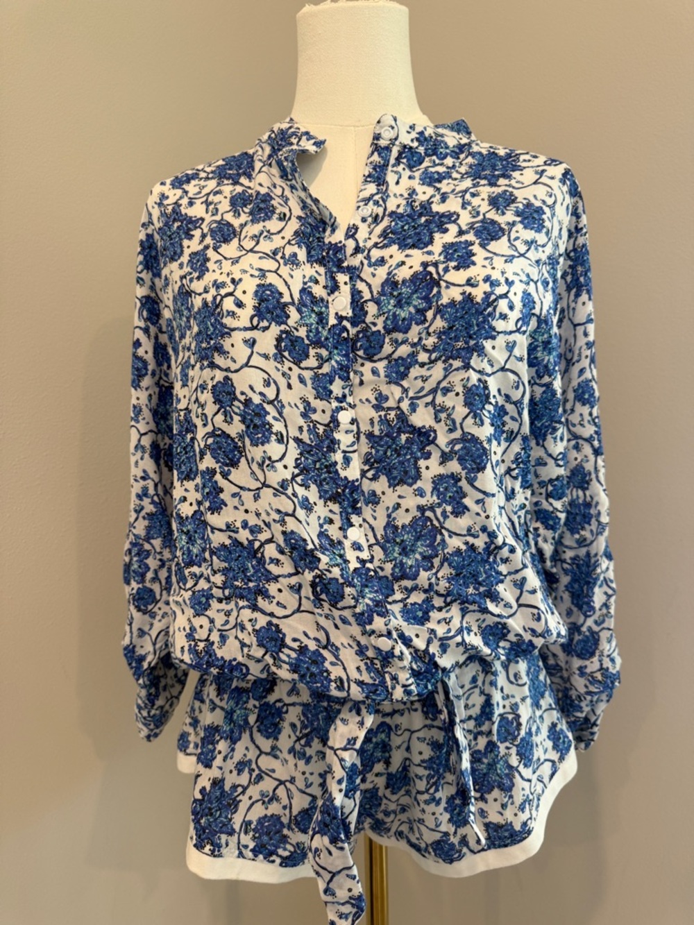 Poupette St. Barth White and Blue Printed Tie-Waist Romper